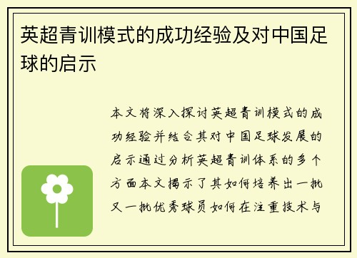 英超青训模式的成功经验及对中国足球的启示 英超青训模式的成功经验及对中国足球的启示